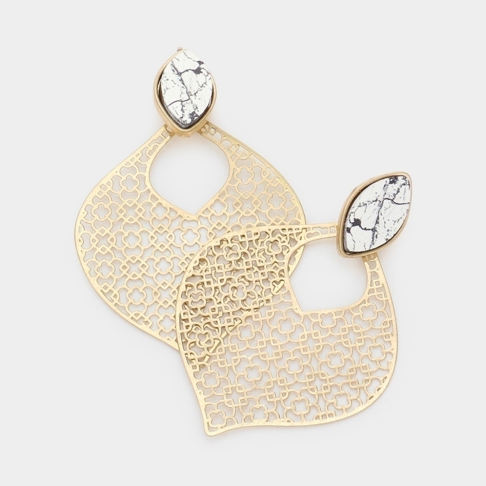 NWT White Howlite Wood Golden Teardrop Filigree Metal Earrings